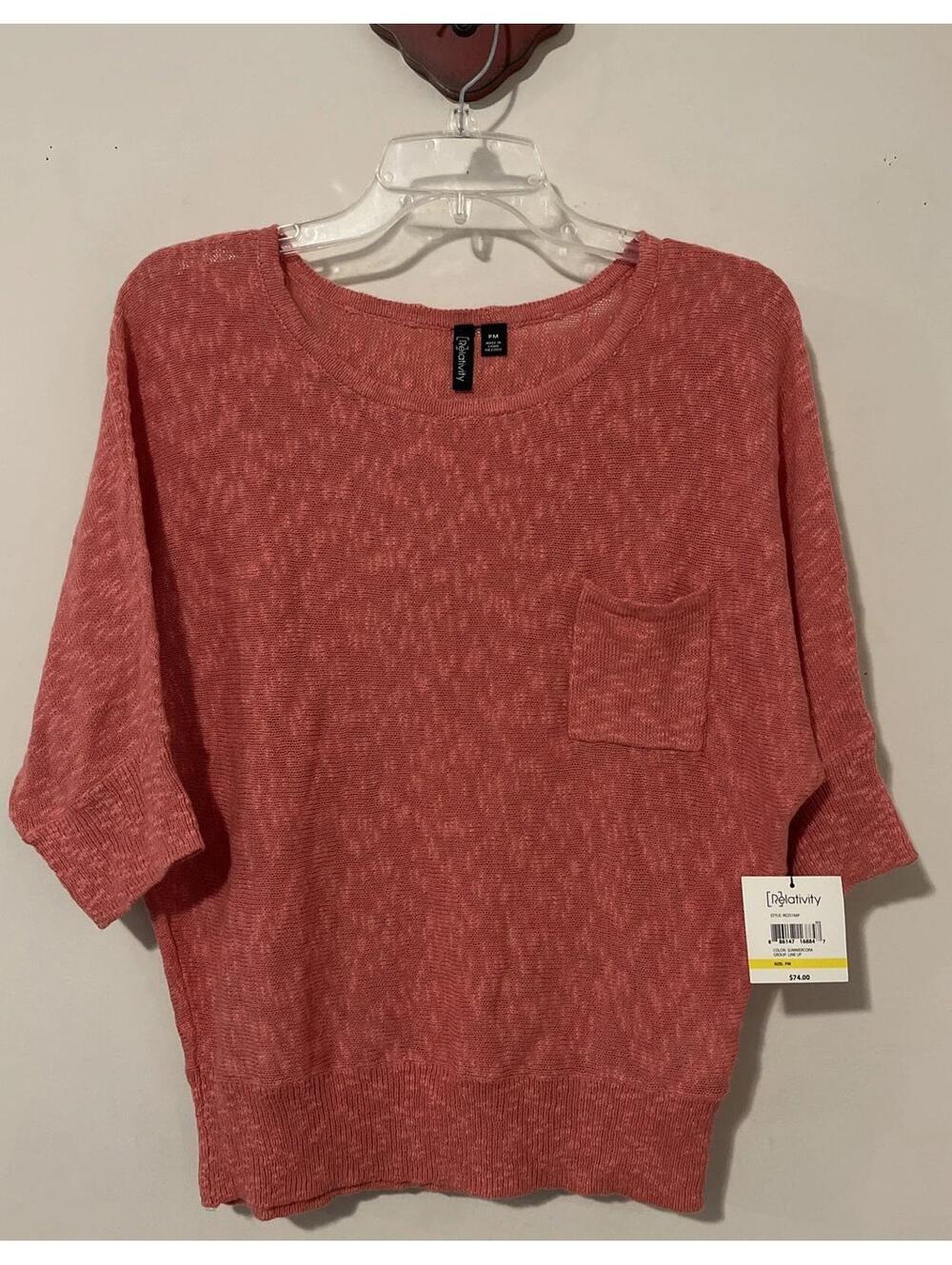 Relativity Womens Petite Medium Pink Knit-Style Cotton-Blend Blouse NWT! A1285